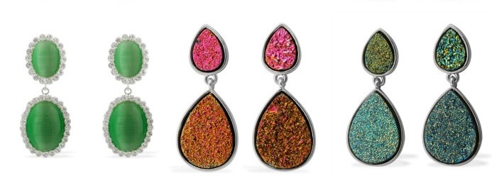 Three pairs of statement earrings are displayed. The first pair has green stones with clear gem borders. The second features pink and orange textured stones, while the third boasts blue and green textured stones. Each pair has similar upper and lower stones, perfect for making a bold statement.