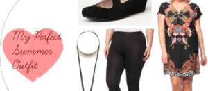 Collage titled My Perfect Summer Outfit featuring a black floral dress, black leggings, black wedge shoes, and a long necklace with a circular pendant.