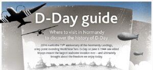 Illustration of D-Day with title D-Day guide and text about Normandy landings 70th anniversary in 2014. Shows planes and ships against a cloudy sky, highlighting the historical significance of June 6, 1944.
