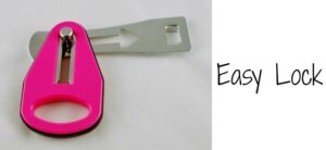 A portable door lock with a pink grip and metal latch is displayed against a white background. The words Easy Lock are written in black on the right side.