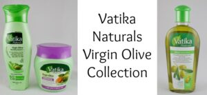 Image showing the Vatika Naturals Virgin Olive Collection, featuring a shampoo bottle, a hair mask container, and a hair oil bottle with green caps and labels. Text in the center reads Vatika Naturals Virgin Olive Collection.
