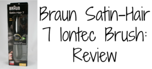Box of Braun Satin-Hair 7 Iontec Brush on the left with text Braun Satin-Hair 7 Iontec Brush: Review in large font on the right. Box has an image of the brush and emphasizes maximum shine.