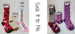 Image of various pairs of socks from Sock It to Me. The left side shows socks with animal designs (sloths, pugs, and clouds). The right side shows socks with cat, bear, octopus, and owl patterns. The text Sock It to Me separates the two sides.