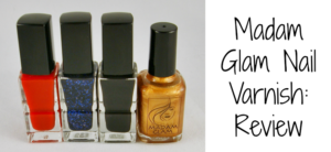 Four bottles of nail polish are shown side by side. The colors are red, black with blue glitter, dark grey, and metallic gold. The text Madam Glam Nail Varnish: Review is on the right side.