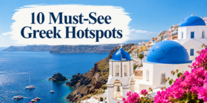 Text overlay reading 10 Must-See Greek Hotspots over a view of white buildings with blue domes and pink flowers overlooking the sea.