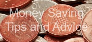 A pile of British coins in copper and silver tones with the text Money Saving Tips and Advice overlaid in white.