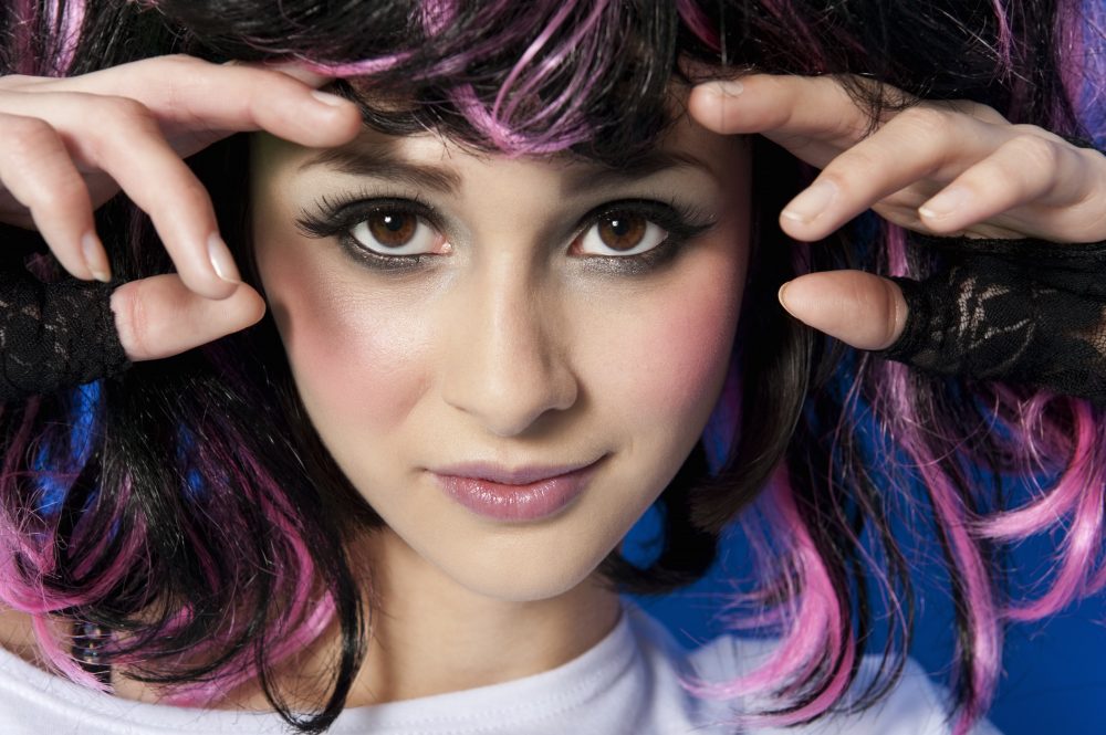 young woman wearing wig