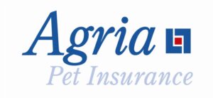 The image displays the Agria Pet Insurance logo. The word Agria is written in blue, with Pet Insurance beneath it in lighter blue. To the right is a square logo with blue and a small red square inside.