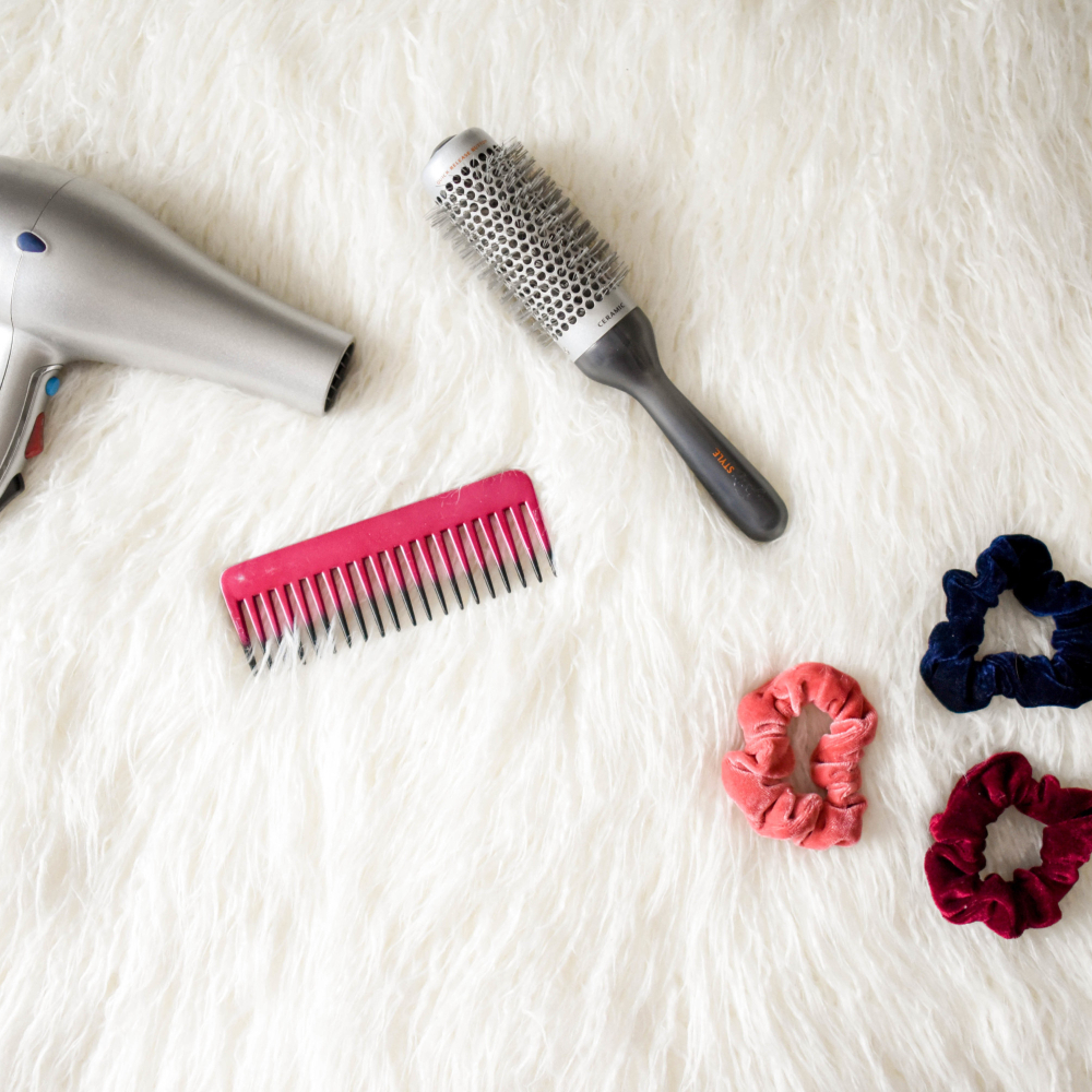 hair dryer, brush and hair bands