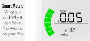 Image of a smart meter display showing current energy usage at £0.05 per hour and total daily cost at £0.21. The left side text reads, Smart Meter: What is it and Why it can Save You Money on your Bills.