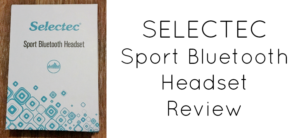 Box of a Selectec Sport Bluetooth Headset on a wooden surface, with text that reads SELECTEC Sport Bluetooth Headset Review on a white background.