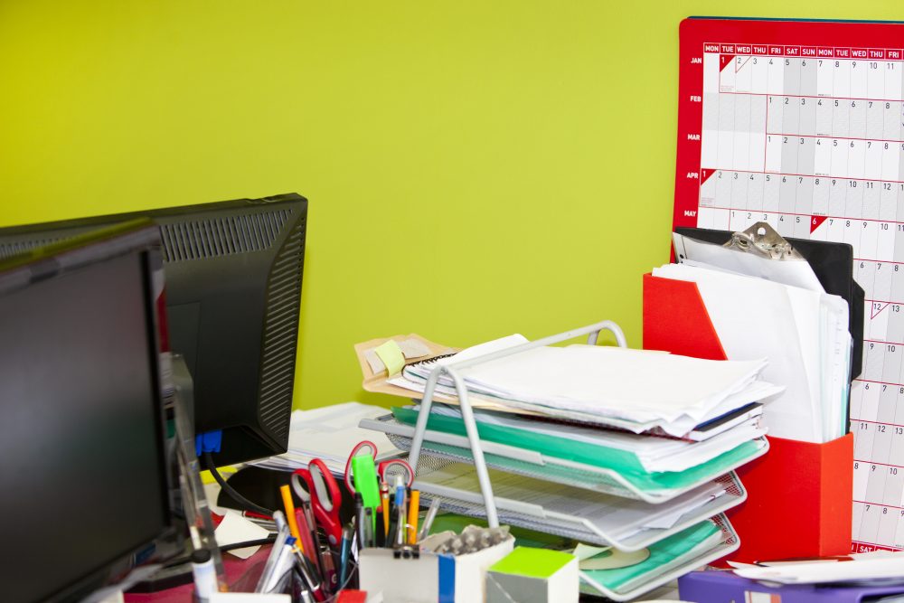 Close-up of real life messy office