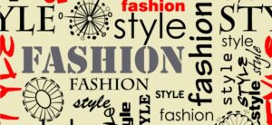 A collage of the words fashion and style in various fonts, sizes, and orientations. The words are black, red, and gray on a beige background, with abstract circular designs scattered throughout.