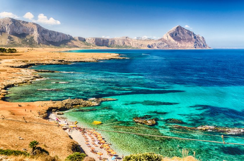 Panoramic View Over Sicilian Coastline and Cofano Mountain