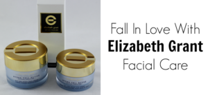 Two jars of Elizabeth Grant Hydra Cell Active facial care products with gold lids sit beside a branded white box. Text on the right invites you to Fall In Love With Hydra Cell Active Facial Care.