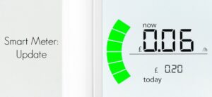 A smart meter display showing energy usage. It reads now £0.06/h with a green bar indicating low consumption, and £0.20 today underneath. The text Smart Meter: Update is on the left.