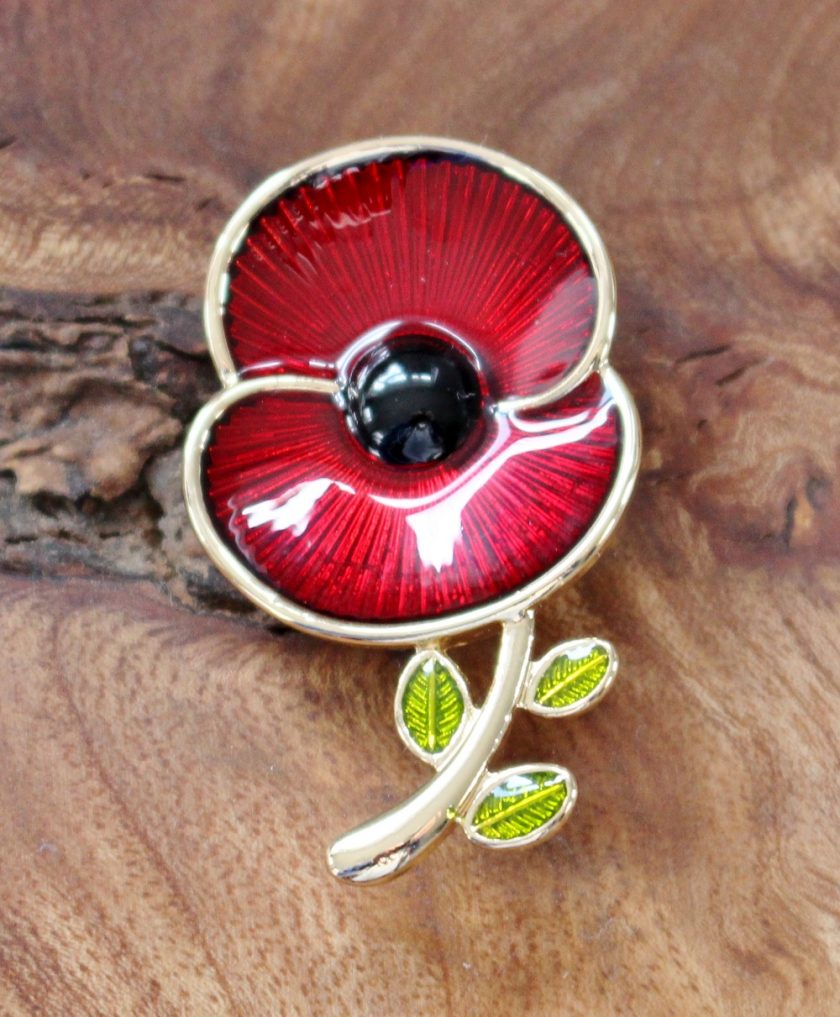 Poppy Collection Enamel and Leaf Brooch Medium Gold