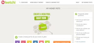 Screenshot of the Leetchi website. The page shows options to create a new money pot for events and gifts. Theres a green button labeled Create a New Pool Right Now! and a sidebar with frequently asked questions.