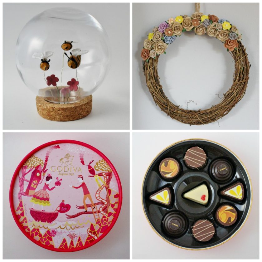 Great Valentines Ideas - top left bee mine glass jar featuring handmade bees, top right hand made paper flower wreath, bottom Godiva Buffet de Gâteaux chocolate box.