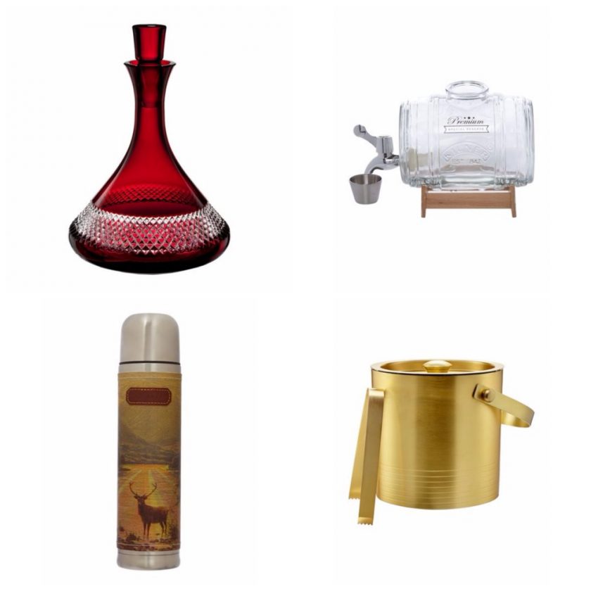 Home Bar Essentials Waterford Red Decanter Kilner 1.0 Litre Barrel Dispenser With Wooden Stand Ted Baker Stag Print Flask Biba Ice Bucket And Tong Set