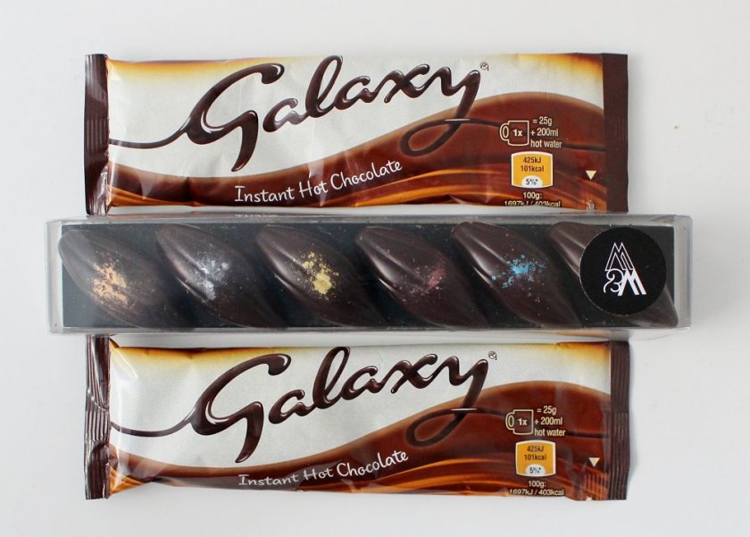 JustUsBox 2 packets of Galaxy Hot Chocolate and 6 dark chocolates in a box.