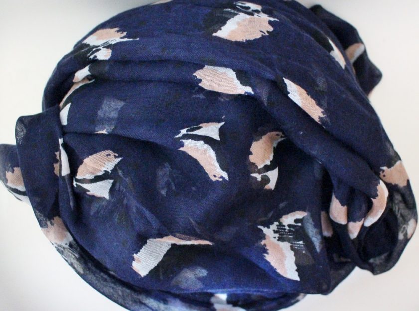 My Little Box January 2017 Snood blue in colour with a white and pink design on it.