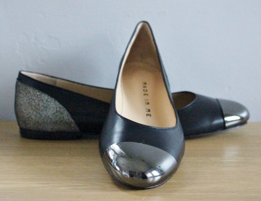 Made in Me Shoes Black Soft Leather Round Toe Ballet Shoes with Silver Leopard Fantasy Heels and Smoked Nickle Toe Plate. Picture Shoes one shoe from the side and one from the front.