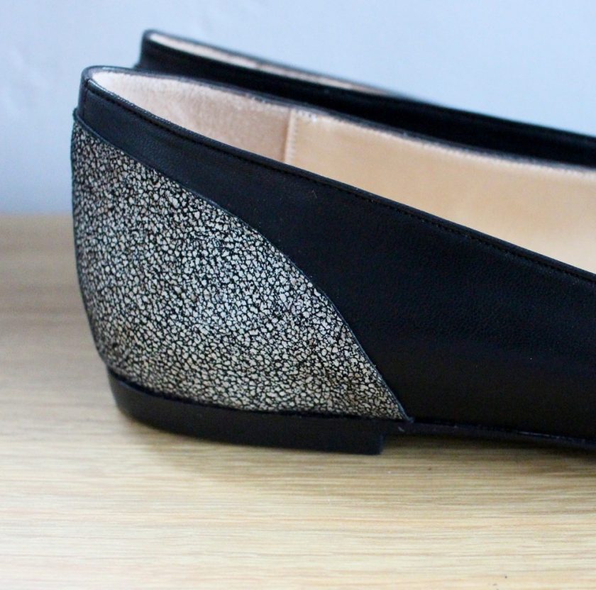Made in Me Shoes Black Soft Leather Round Toe Ballet Shoes with Silver Leopard Fantasy Heels and Smoked Nickle Toe Plate. Picture Shoes one shoe from the side and one from the front. - Close up of Heel Detail