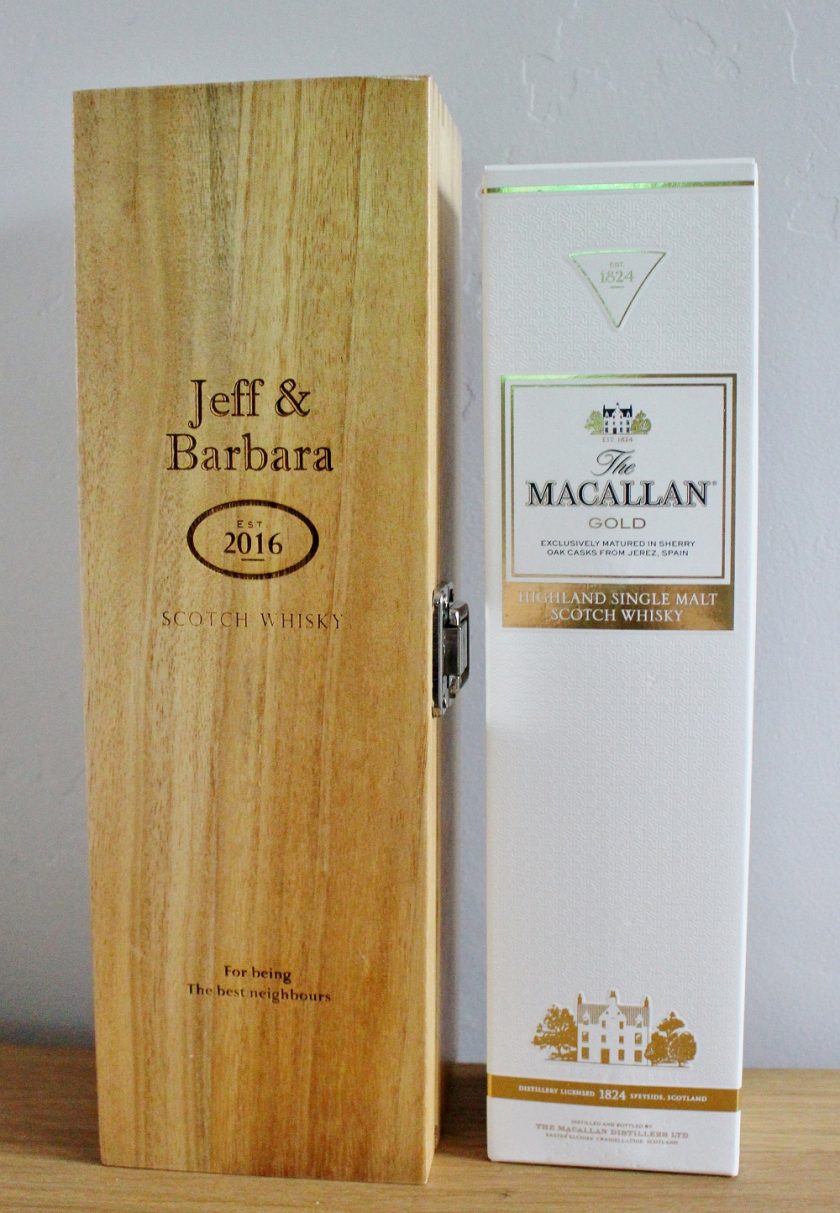 Personalised Macallan Whisky Gift Box stood next to the whisky