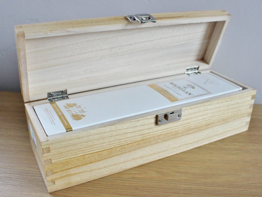 Personalised Macallan Whisky Gift Box sat open so you can see the bottle of whiskey inside