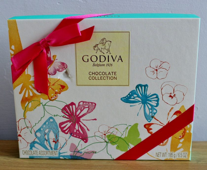 Godiva Chocolate Spring Box - brightly coloured, tied with ribbon