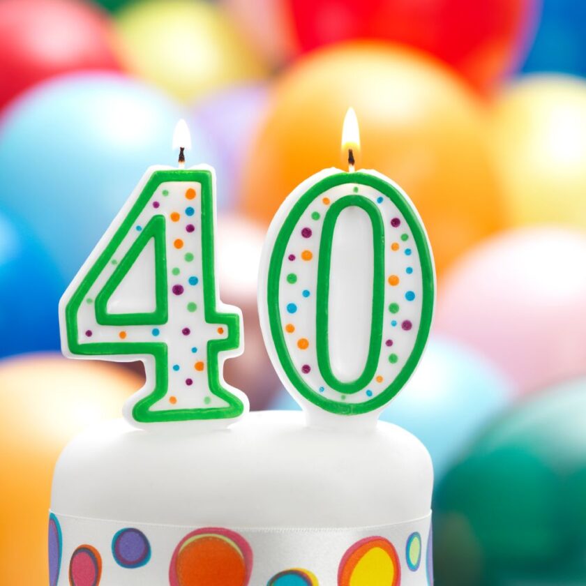 birthday cake with 40 on and balloons behind