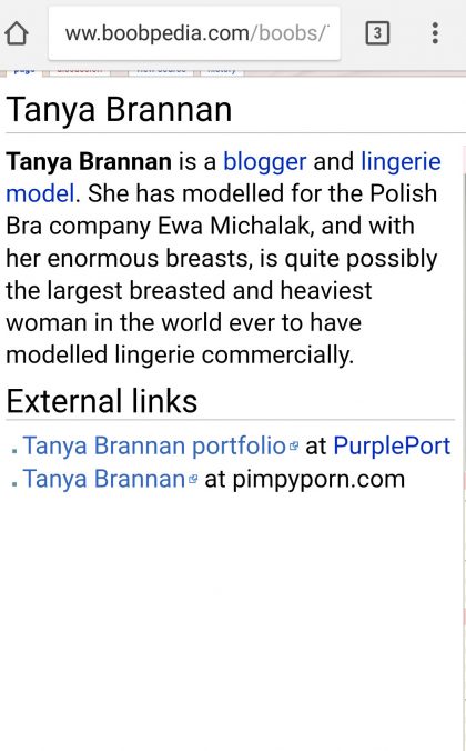 Screenshot of a webpage from Boobpedia featuring a biography of Tanya Brannan, described as a blogger and lingerie model. It mentions her modeling work for Ewa Michalak and links to her portfolio on PurplePort and another site.