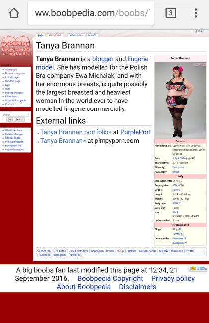 A Wikipedia-style page features an article about a person named Tanya Brannan. The page includes a profile photo in lingerie and a brief biography describing her as a blogger and lingerie model. There are links to her portfolios and other websites.
