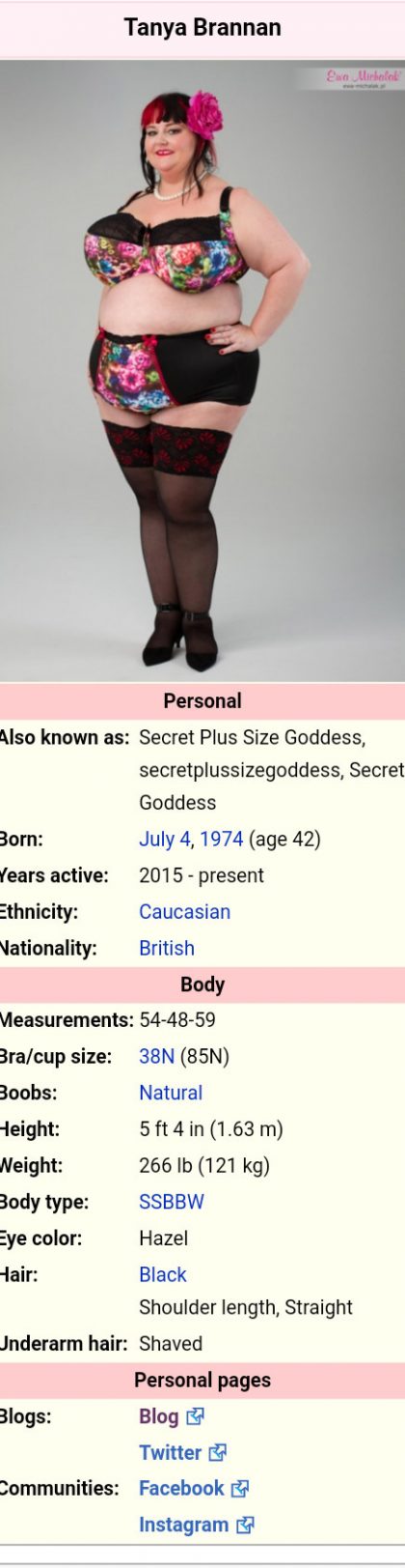 A woman wearing floral lingerie poses confidently. The image includes text detailing personal information like name, age, and measurements. She has long red hair and is identified as a model with a specific body type.
