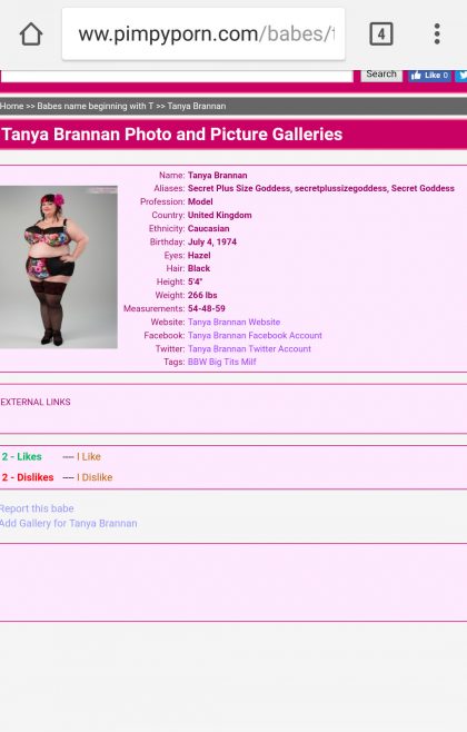 Screenshot of a webpage with a pink background featuring a profile for Tanya Brannan. The page lists details like nationality, ethnicity, birthday, height, weight, and measurements. There are external links and like/dislike buttons at the bottom.