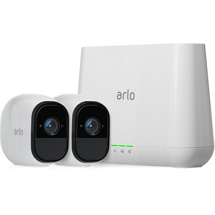 Arlo Pro 720p 2 Camera Wire-Free CCTV Kit - picture shows two cameras and a hub.