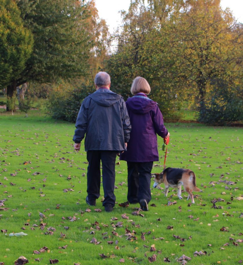 My parents walking the dog in the park wearing; Terry: BRASHER Men's Country Hiker Shoe, PETER STORM Men's Softshell II Trousers, PETER STORM Men’s Packable Jacket and Sue: PETER STORM Women's Cyclone Waterproof Jacket, PETER STORM Women's Ramble II Lined Trousers, PETER STORM Women's Grace Gilet Photo from Behind