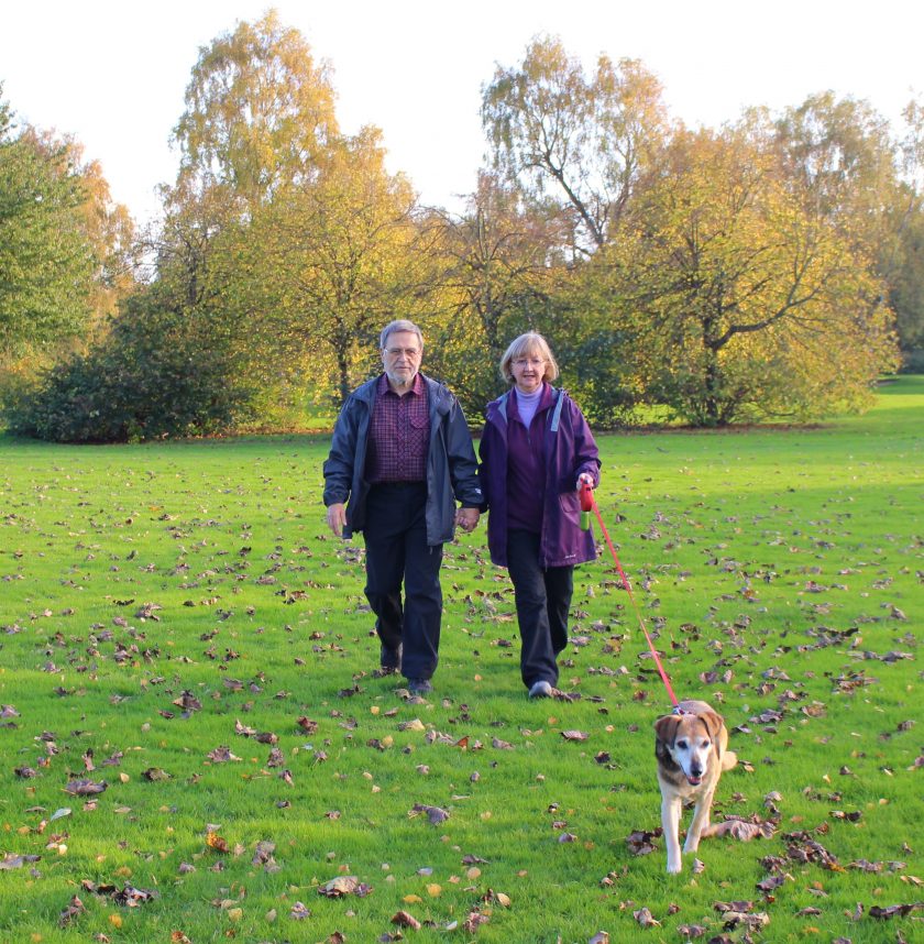 My parents walking the dog in the park wearing; Terry: BRASHER Men's Country Hiker Shoe, PETER STORM Men's Softshell II Trousers, PETER STORM Men’s Packable Jacket and Sue: PETER STORM Women's Cyclone Waterproof Jacket, PETER STORM Women's Ramble II Lined Trousers, PETER STORM Women's Grace Gilet Photo from the Front