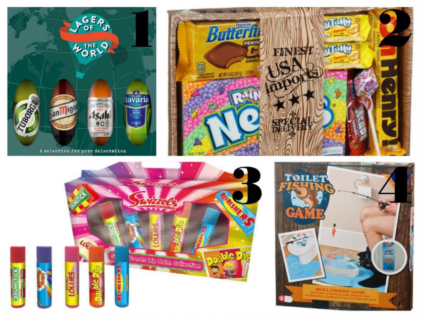 1. Lagers of the World beer selection gift set.
2. USA candy gift box with Butterfinger, Necco Wafers, Oh Henry, Reeses Pieces.
3. Swizzels Make Up Tastes Delicious novelty candy collection.
4. Toilet Fishing Game novelty bathroom game.