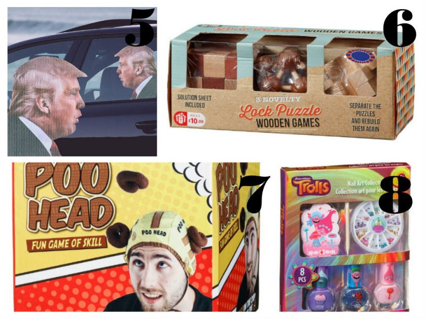A collage of four images numbered 5 to 8. Image 5: Two people reflected in a car window. Image 6: Lock puzzle wooden games box. Image 7: Poo Head game showing a person wearing a hat with Velcro. Image 8: Trolls-themed nail art collector set.
