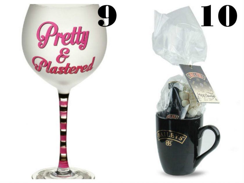 Image showing two gift items: on the left, a wine glass with Pretty & Plastered in pink, and on the right, a black mug with a Baileys miniature bottle and chocolate truffles, wrapped in clear plastic. Numbers 9 and 10 are at the top.