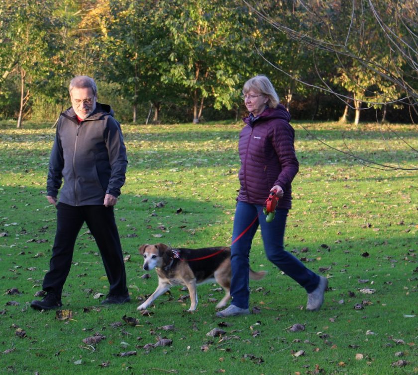 My Mother and Father in Beacon Park Lichfield, Walking the Dog, wearing new jackets from Simply Hike