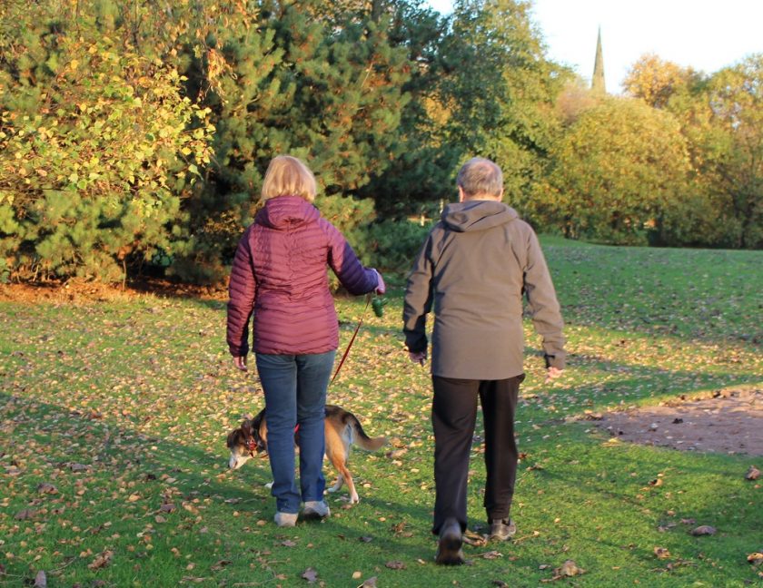 My Mother and Father in Beacon Park Lichfield, Walking the Dog, wearing new jackets from Simply Hike