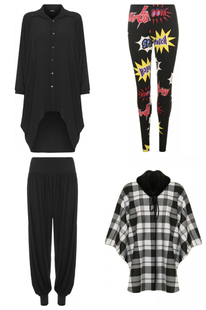 Isolde Batwing Shirt Dress in black Leona Comic Print Leggings Elise Plain Elasticated Harem Trousers in black Molly Faux Fur Collar Tartan Print Poncho in grey