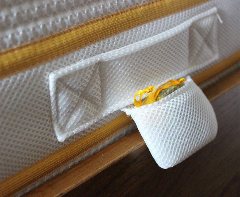 Side pocket on handle filled with lavender sachet