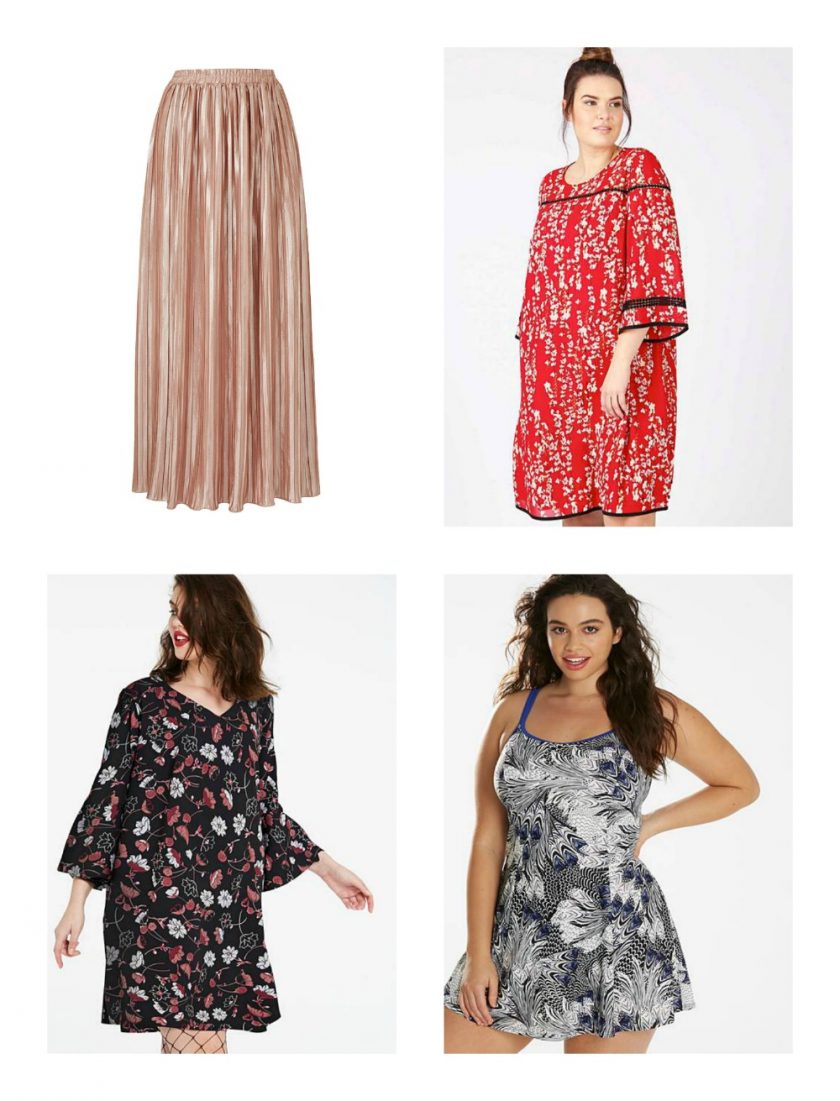 JOANNA HOPE PLEATED MAXI SKIRT in Rose Gold LOVEDROBE CONTRAST TRIM SHIFT DRESS red with oriental flowers flowing across it FLARED LONG SLEEVE DRESS black with red and white floral design MAGISCULPT FLATTER ME SWIMDRESS - LNG Black and white with small bits of blue, feathered design