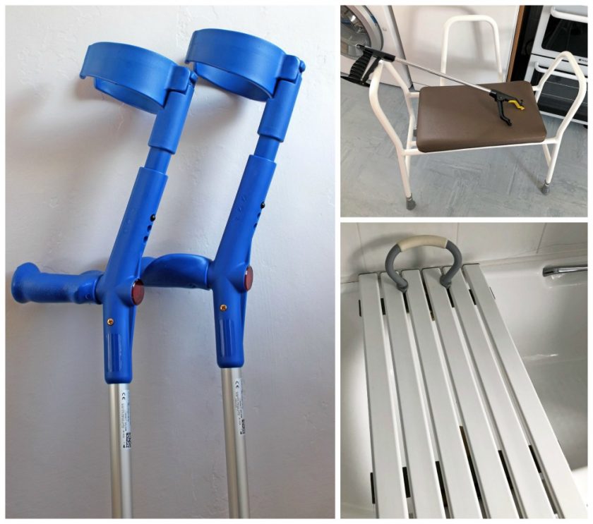 Picture of some of the equipment I use to help me, blue crutches to the left, kitchen stool and grabber to top right and bath seat to the bottom right