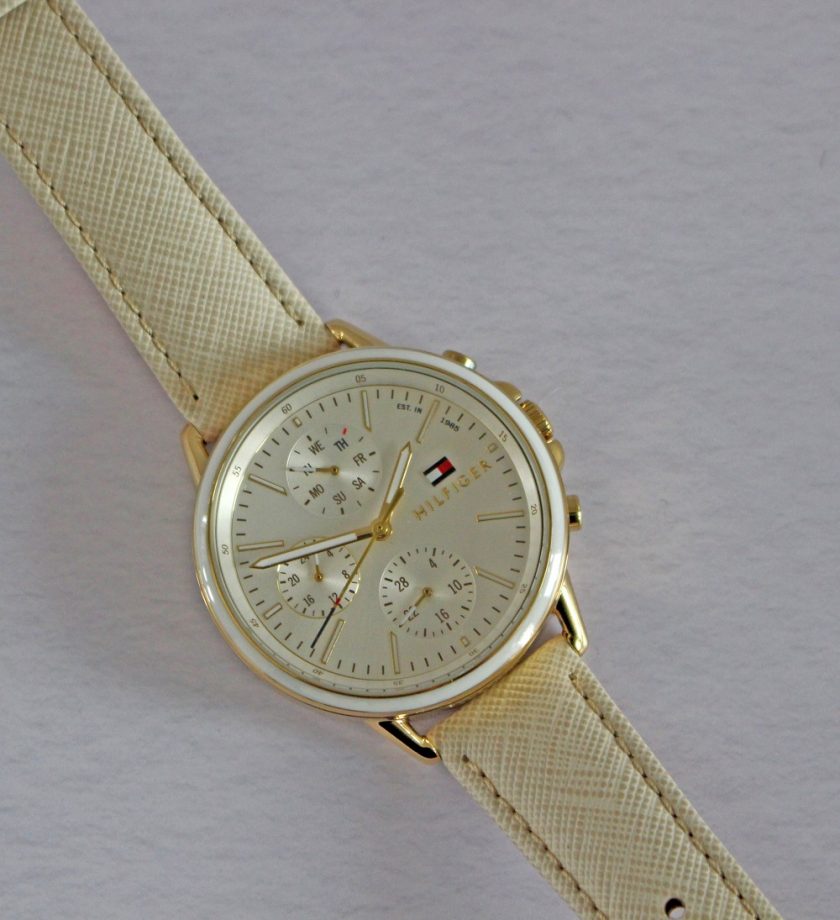 Tommy Hilfiger Womens Carly White Leather Strap White Dial Picture of the Whole Watch on White Background close up of watch face