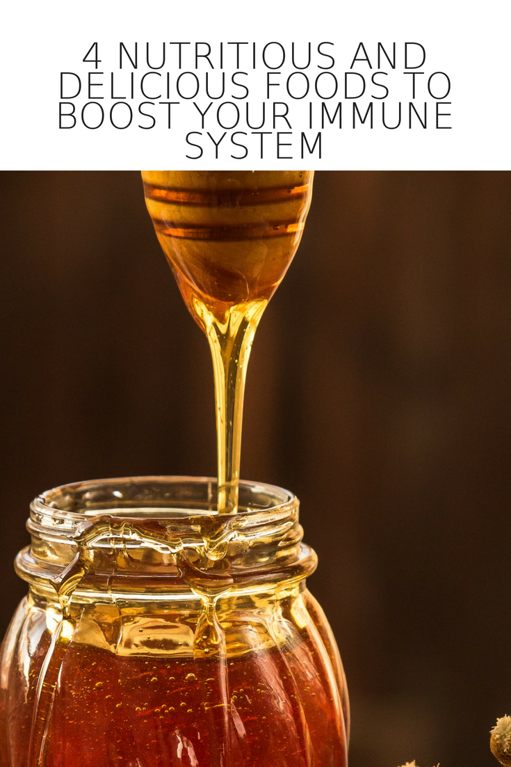 A wooden dipper drizzles honey into a glass jar, with text at the top reading 4 Nutritious and Delicious Foods to Boost Your Immune System.